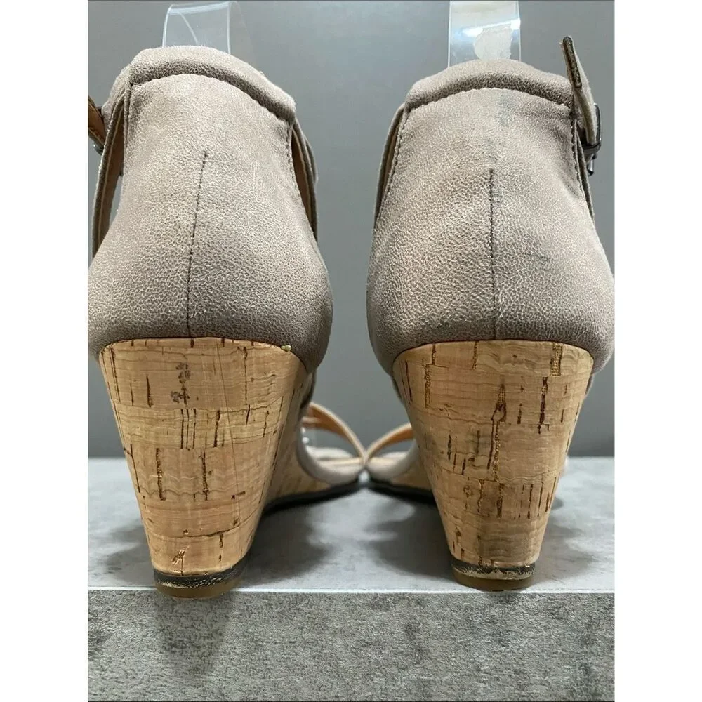 Mi.iM Women's Leather Taupe Wedge Sandals with Ankle Strap Size 6